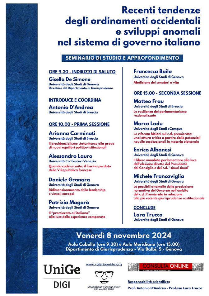 locandina seminario di approfondimento tra studiosi di diritto costituzionale italiano e comparato. GENOVA - 08.11.2024